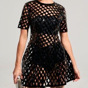 Faux Leather Geometric Cutout Dress